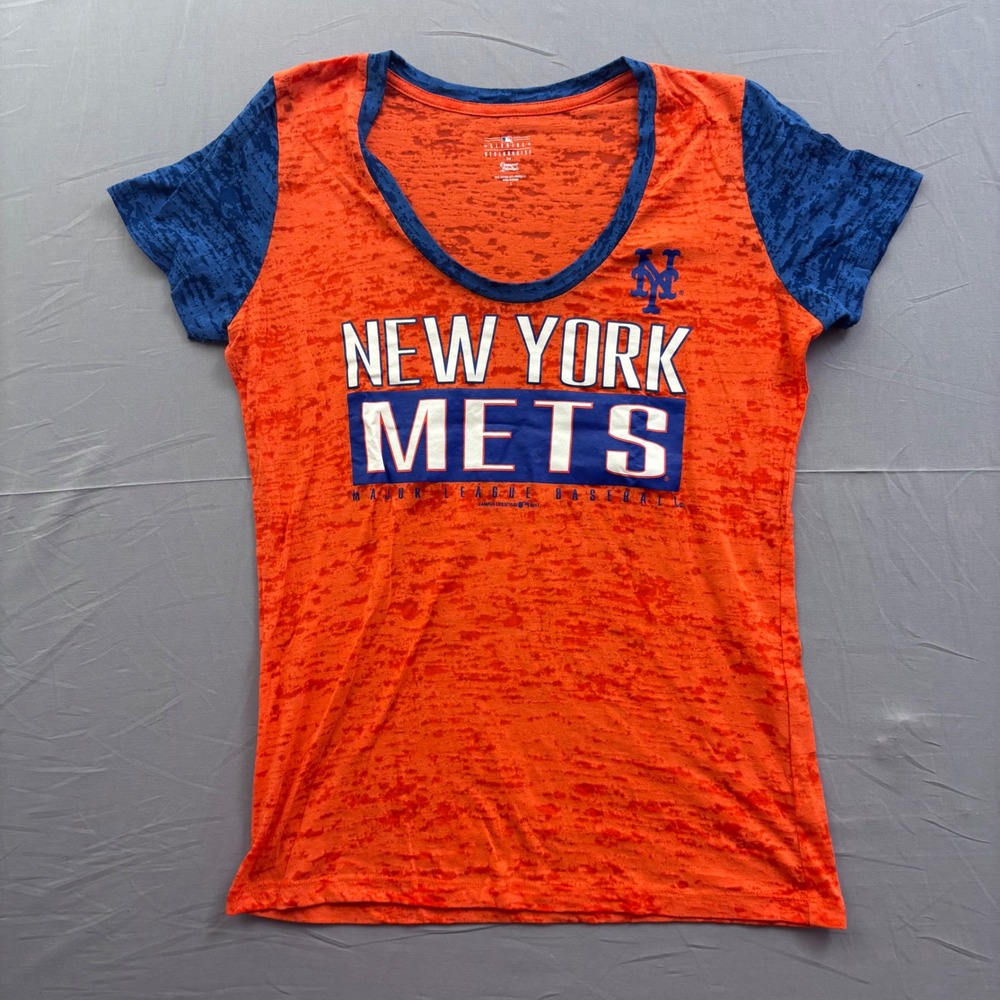 MLB New York Mets Womens Burnout T-Shirt Orange Blue Scoop Neck Large Sporty